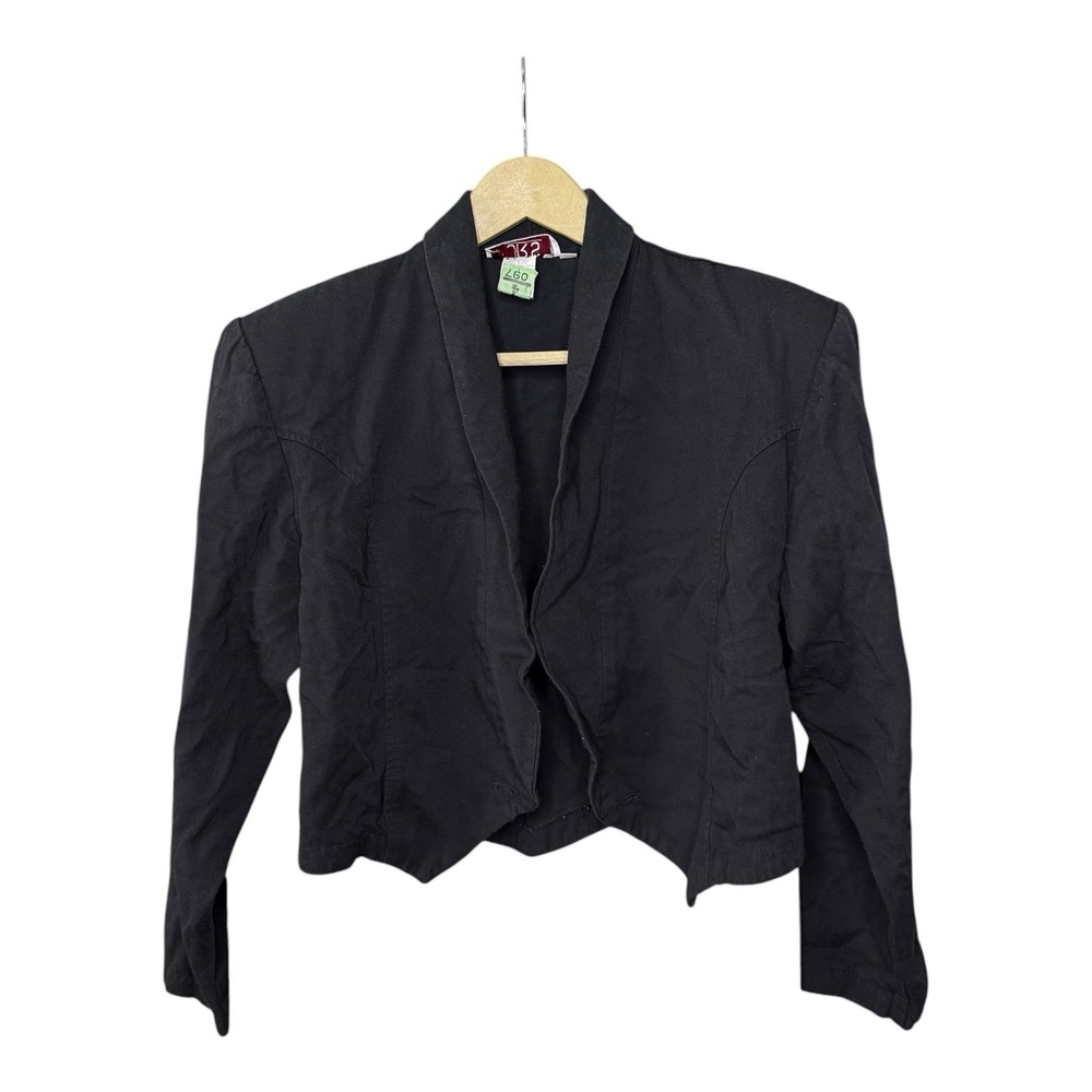 JRS Womens Black Cropped Open Front Blazer Jacket Padded Shoulders Size S USA